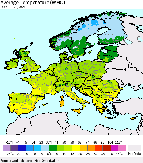 Europe Average Temperature (WMO) Thematic Map For 10/16/2023 - 10/22/2023