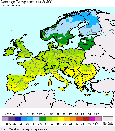 Europe Average Temperature (WMO) Thematic Map For 10/23/2023 - 10/29/2023