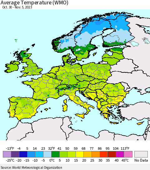 Europe Average Temperature (WMO) Thematic Map For 10/30/2023 - 11/5/2023