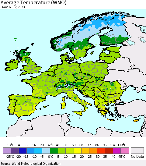 Europe Average Temperature (WMO) Thematic Map For 11/6/2023 - 11/12/2023