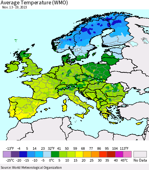 Europe Average Temperature (WMO) Thematic Map For 11/13/2023 - 11/19/2023