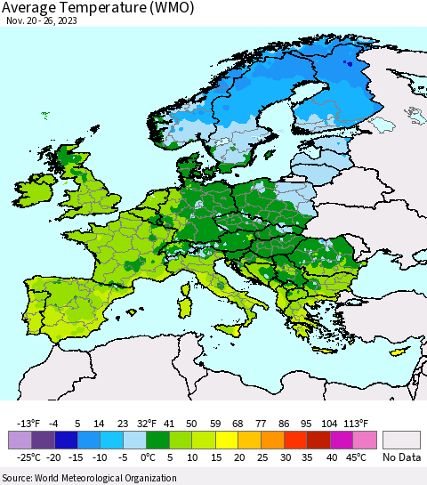 Europe Average Temperature (WMO) Thematic Map For 11/20/2023 - 11/26/2023