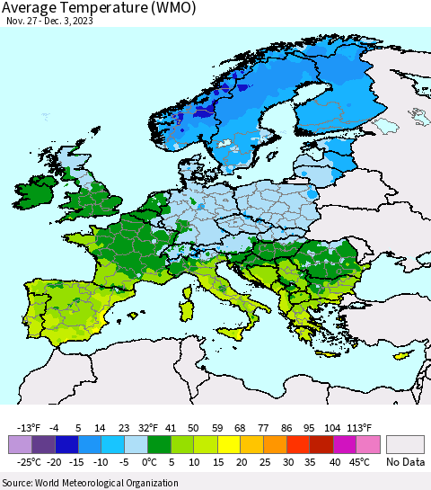 Europe Average Temperature (WMO) Thematic Map For 11/27/2023 - 12/3/2023