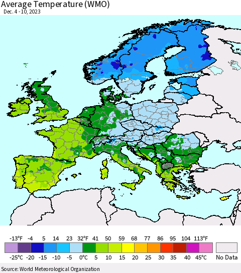Europe Average Temperature (WMO) Thematic Map For 12/4/2023 - 12/10/2023
