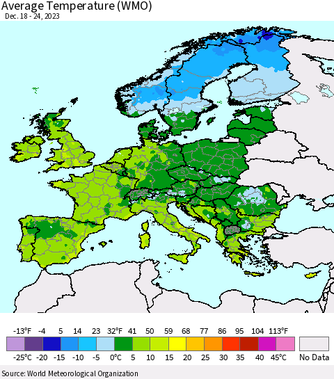 Europe Average Temperature (WMO) Thematic Map For 12/18/2023 - 12/24/2023