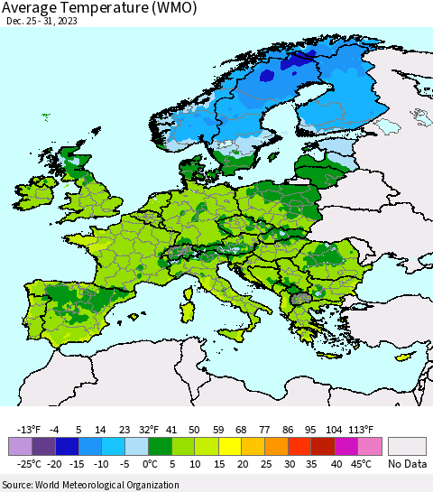 Europe Average Temperature (WMO) Thematic Map For 12/25/2023 - 12/31/2023