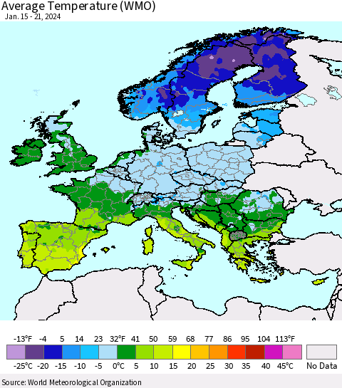 Europe Average Temperature (WMO) Thematic Map For 1/15/2024 - 1/21/2024