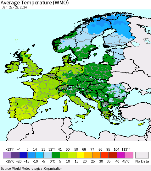 Europe Average Temperature (WMO) Thematic Map For 1/22/2024 - 1/28/2024