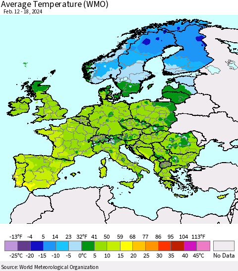Europe Average Temperature (WMO) Thematic Map For 2/12/2024 - 2/18/2024
