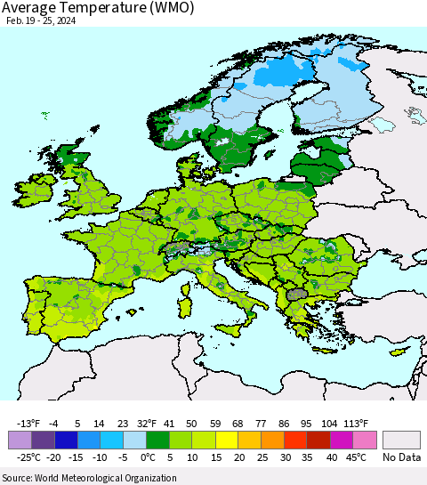 Europe Average Temperature (WMO) Thematic Map For 2/19/2024 - 2/25/2024
