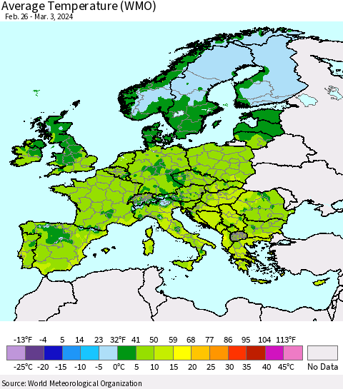 Europe Average Temperature (WMO) Thematic Map For 2/26/2024 - 3/3/2024