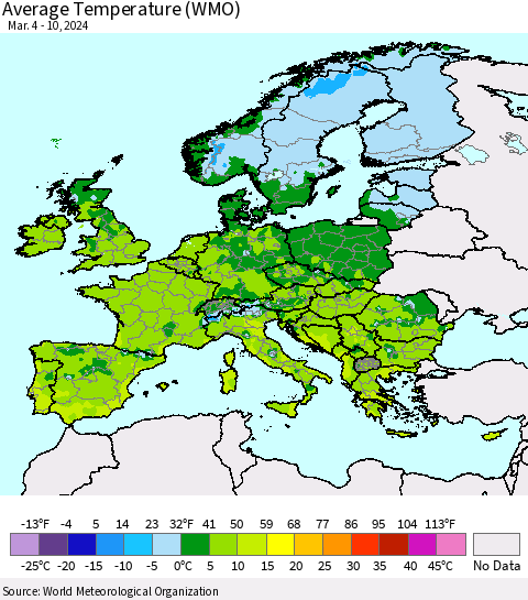 Europe Average Temperature (WMO) Thematic Map For 3/4/2024 - 3/10/2024