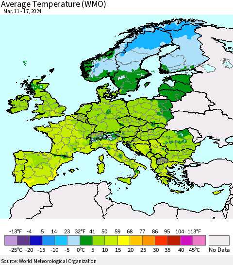 Europe Average Temperature (WMO) Thematic Map For 3/11/2024 - 3/17/2024