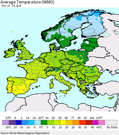 Europe Average Temperature (WMO) Thematic Map For 3/18/2024 - 3/24/2024