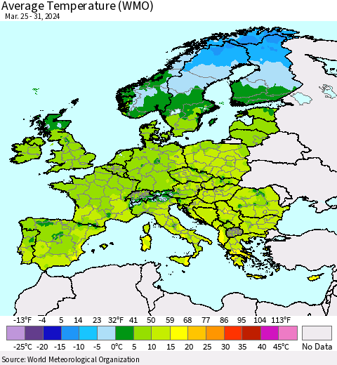 Europe Average Temperature (WMO) Thematic Map For 3/25/2024 - 3/31/2024