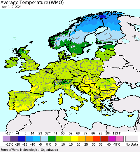 Europe Average Temperature (WMO) Thematic Map For 4/1/2024 - 4/7/2024