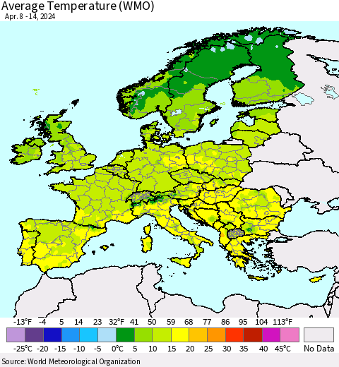 Europe Average Temperature (WMO) Thematic Map For 4/8/2024 - 4/14/2024