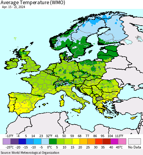 Europe Average Temperature (WMO) Thematic Map For 4/15/2024 - 4/21/2024