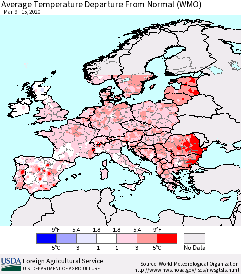Europe Average Temperature Departure from Normal (WMO) Thematic Map For 3/9/2020 - 3/15/2020