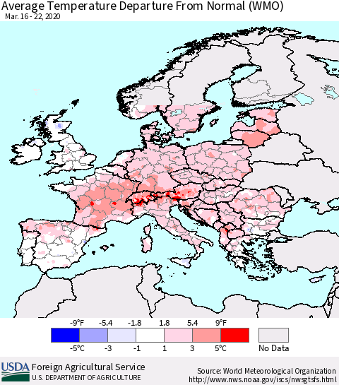 Europe Average Temperature Departure from Normal (WMO) Thematic Map For 3/16/2020 - 3/22/2020