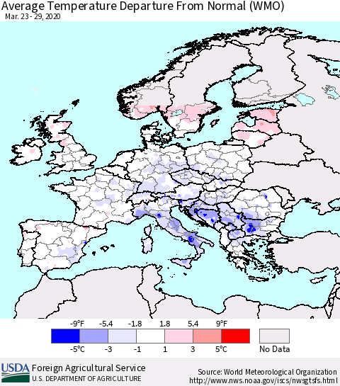 Europe Average Temperature Departure from Normal (WMO) Thematic Map For 3/23/2020 - 3/29/2020