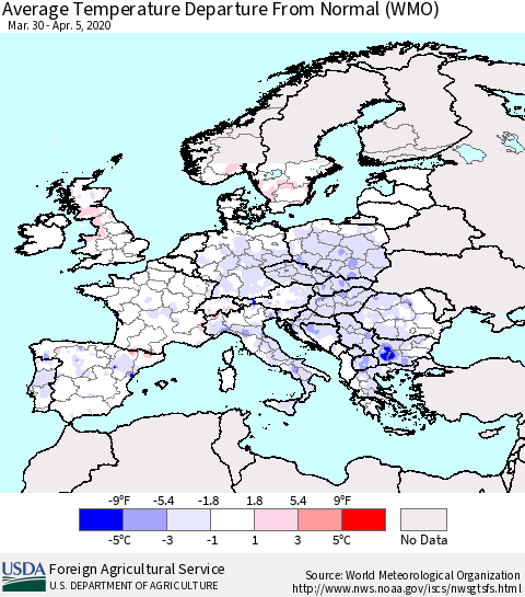 Europe Average Temperature Departure from Normal (WMO) Thematic Map For 3/30/2020 - 4/5/2020