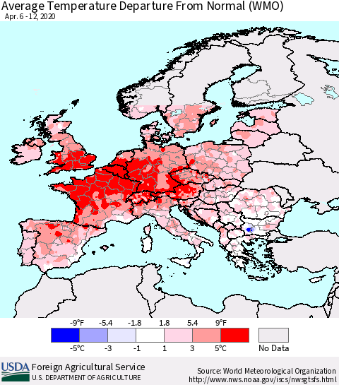 Europe Average Temperature Departure from Normal (WMO) Thematic Map For 4/6/2020 - 4/12/2020