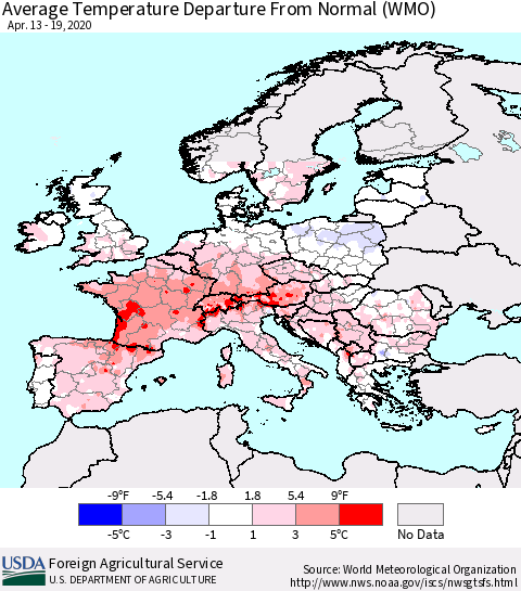 Europe Average Temperature Departure from Normal (WMO) Thematic Map For 4/13/2020 - 4/19/2020