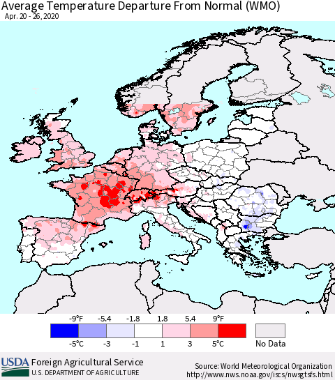 Europe Average Temperature Departure from Normal (WMO) Thematic Map For 4/20/2020 - 4/26/2020