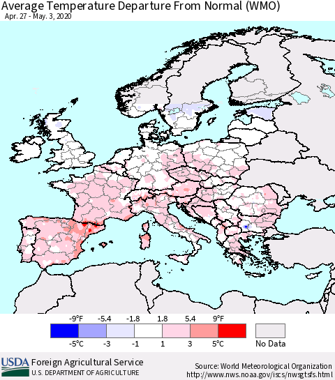 Europe Average Temperature Departure from Normal (WMO) Thematic Map For 4/27/2020 - 5/3/2020