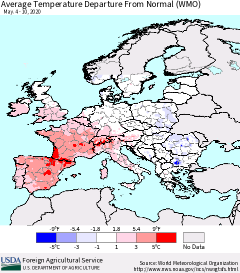 Europe Average Temperature Departure from Normal (WMO) Thematic Map For 5/4/2020 - 5/10/2020