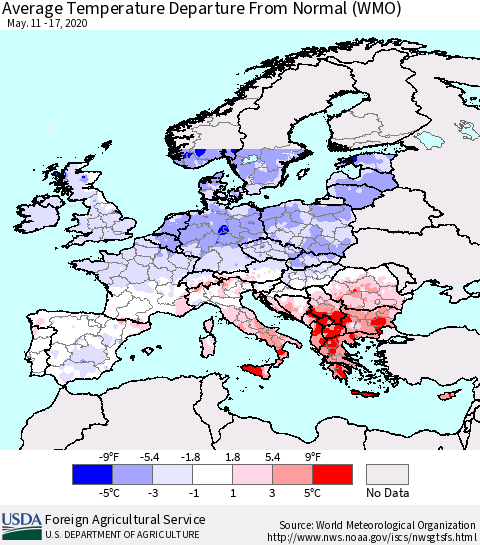 Europe Average Temperature Departure from Normal (WMO) Thematic Map For 5/11/2020 - 5/17/2020
