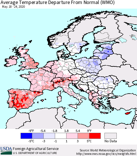 Europe Average Temperature Departure from Normal (WMO) Thematic Map For 5/18/2020 - 5/24/2020
