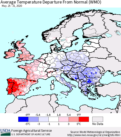 Europe Average Temperature Departure from Normal (WMO) Thematic Map For 5/25/2020 - 5/31/2020