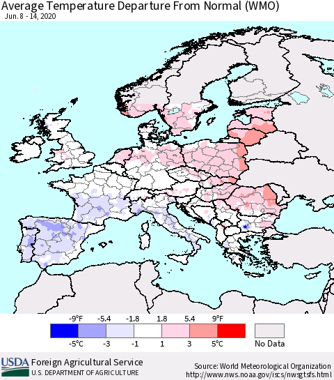 Europe Average Temperature Departure from Normal (WMO) Thematic Map For 6/8/2020 - 6/14/2020