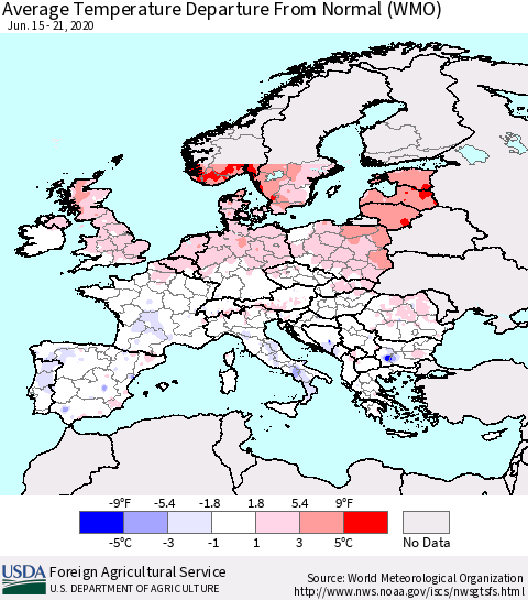 Europe Average Temperature Departure from Normal (WMO) Thematic Map For 6/15/2020 - 6/21/2020