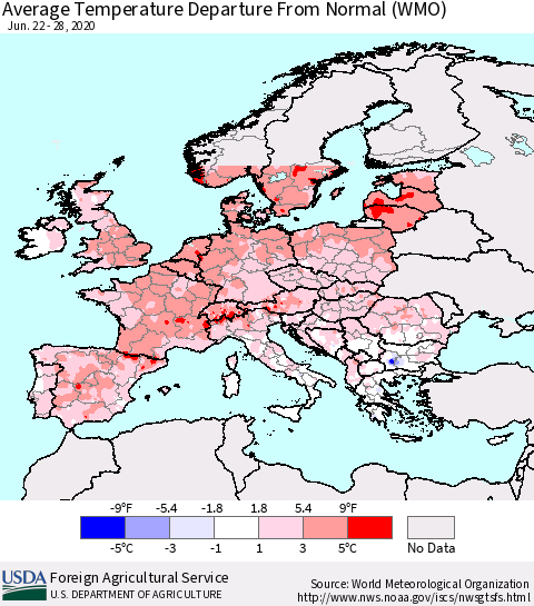 Europe Average Temperature Departure from Normal (WMO) Thematic Map For 6/22/2020 - 6/28/2020