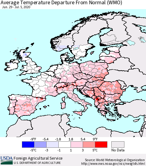 Europe Average Temperature Departure from Normal (WMO) Thematic Map For 6/29/2020 - 7/5/2020