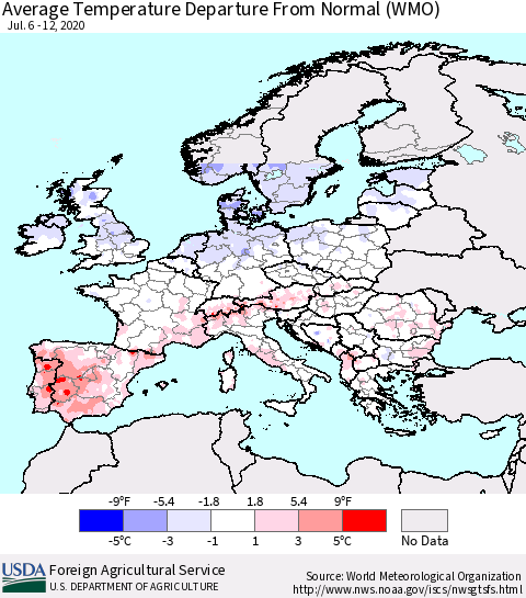 Europe Average Temperature Departure from Normal (WMO) Thematic Map For 7/6/2020 - 7/12/2020