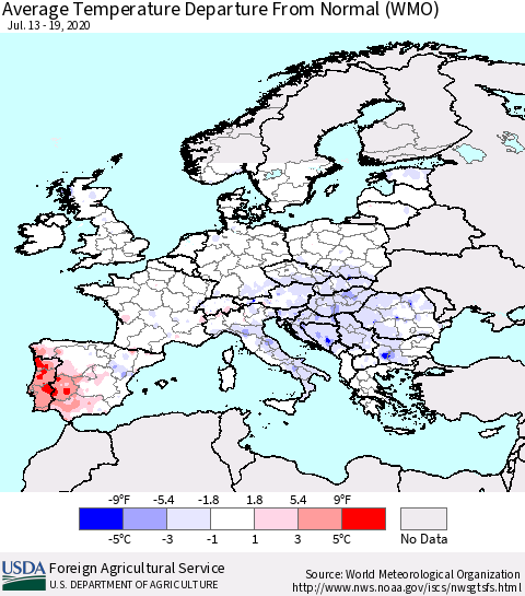 Europe Average Temperature Departure from Normal (WMO) Thematic Map For 7/13/2020 - 7/19/2020