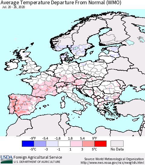 Europe Average Temperature Departure from Normal (WMO) Thematic Map For 7/20/2020 - 7/26/2020