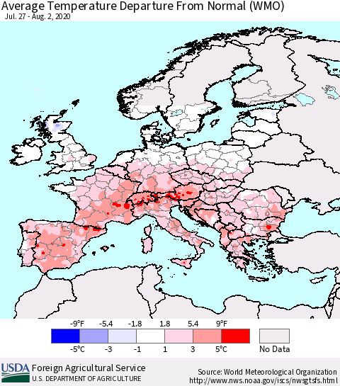 Europe Average Temperature Departure from Normal (WMO) Thematic Map For 7/27/2020 - 8/2/2020