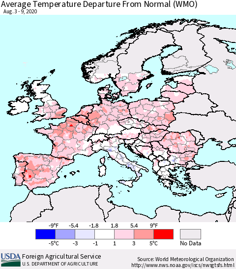 Europe Average Temperature Departure from Normal (WMO) Thematic Map For 8/3/2020 - 8/9/2020