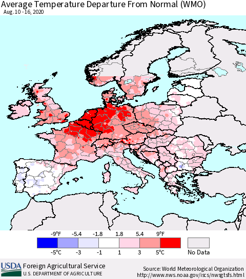 Europe Average Temperature Departure from Normal (WMO) Thematic Map For 8/10/2020 - 8/16/2020