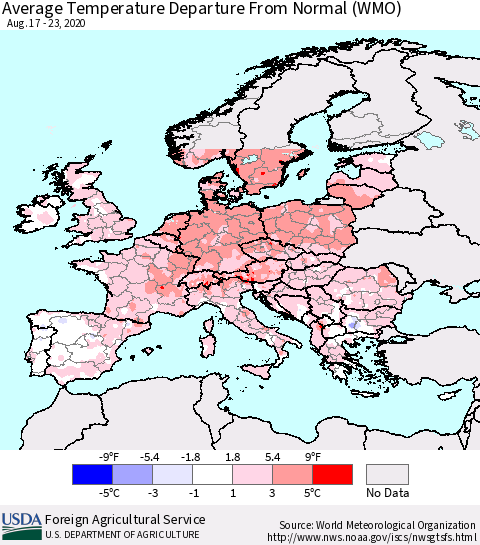 Europe Average Temperature Departure from Normal (WMO) Thematic Map For 8/17/2020 - 8/23/2020