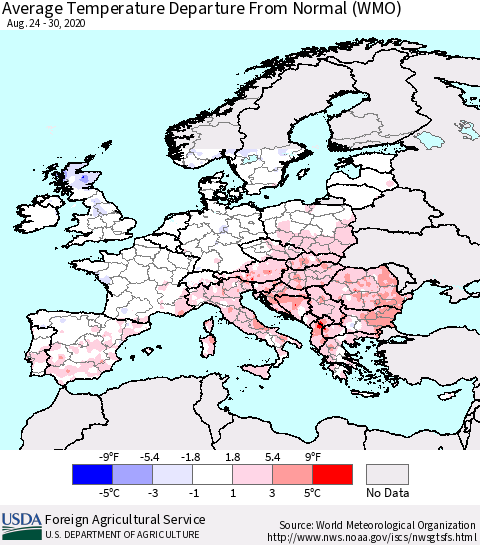 Europe Average Temperature Departure from Normal (WMO) Thematic Map For 8/24/2020 - 8/30/2020