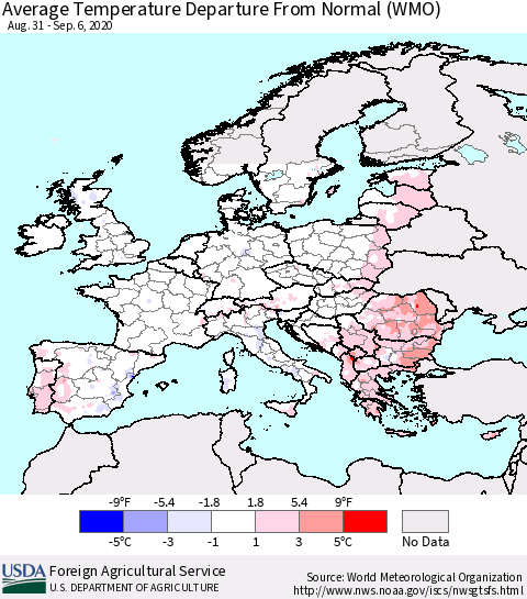 Europe Average Temperature Departure from Normal (WMO) Thematic Map For 8/31/2020 - 9/6/2020