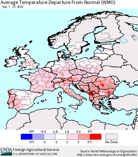 Europe Average Temperature Departure from Normal (WMO) Thematic Map For 9/7/2020 - 9/13/2020