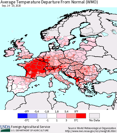 Europe Average Temperature Departure from Normal (WMO) Thematic Map For 9/14/2020 - 9/20/2020