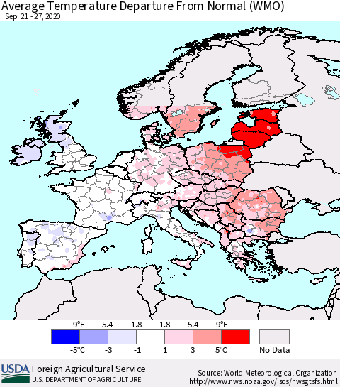 Europe Average Temperature Departure from Normal (WMO) Thematic Map For 9/21/2020 - 9/27/2020